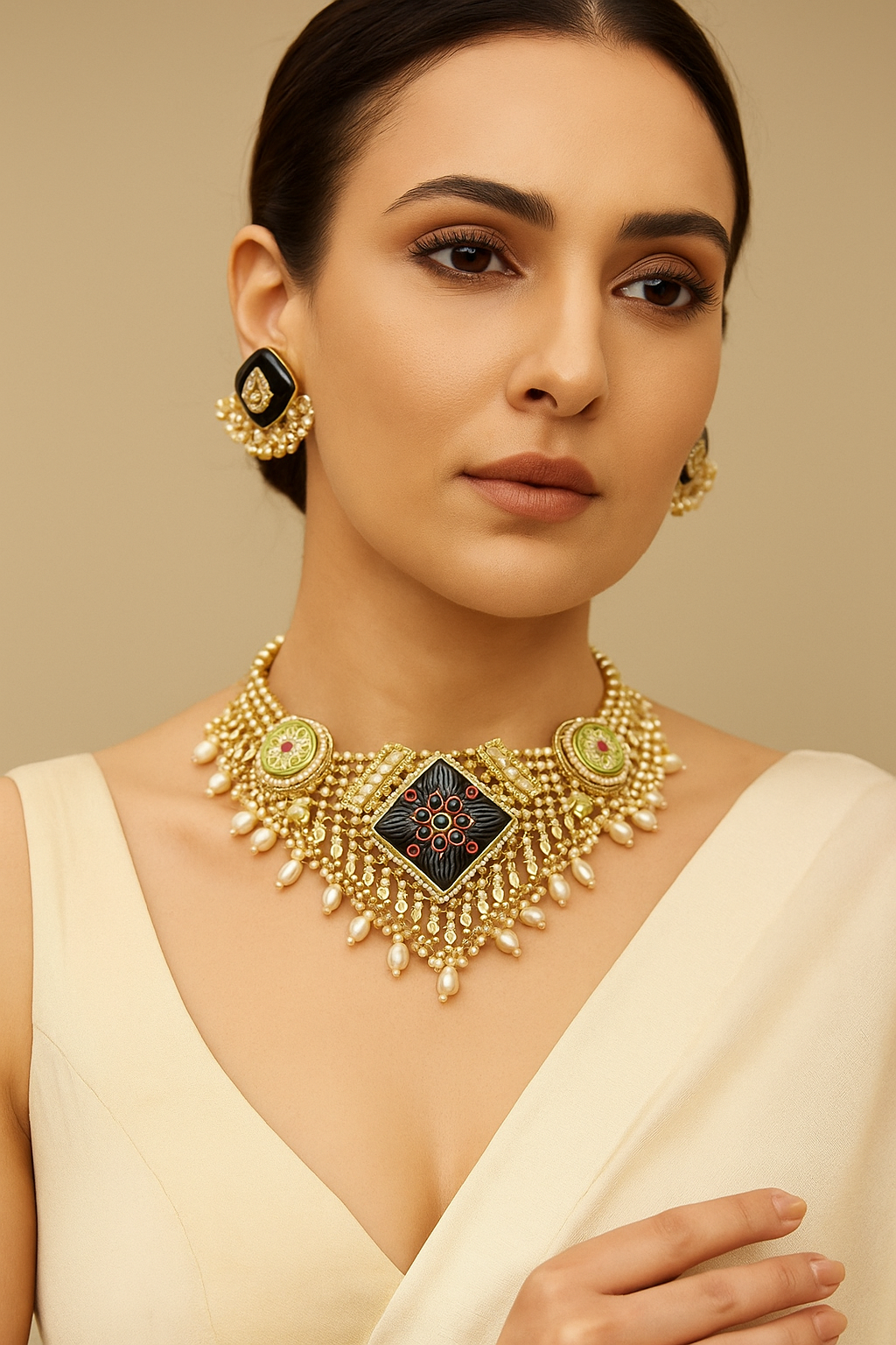 Royal Black Kundan Choker Necklace Set with Pearl Drops & Earrings